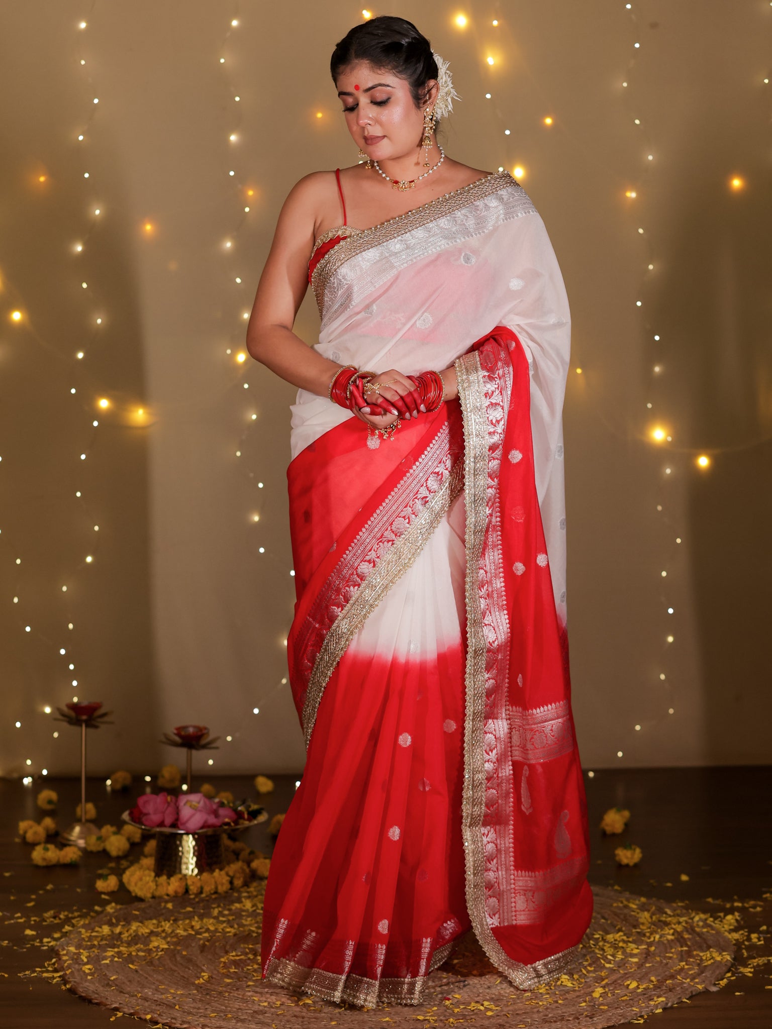 Banarasi Dual Shade Semi Silk Saree With Lace Border- White & Red