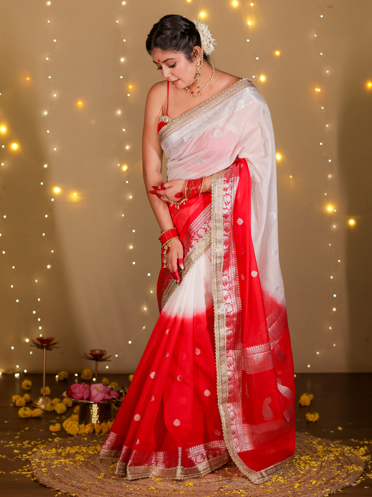 Banarasi Dual Shade Semi Silk Saree With Lace Border- White & Red