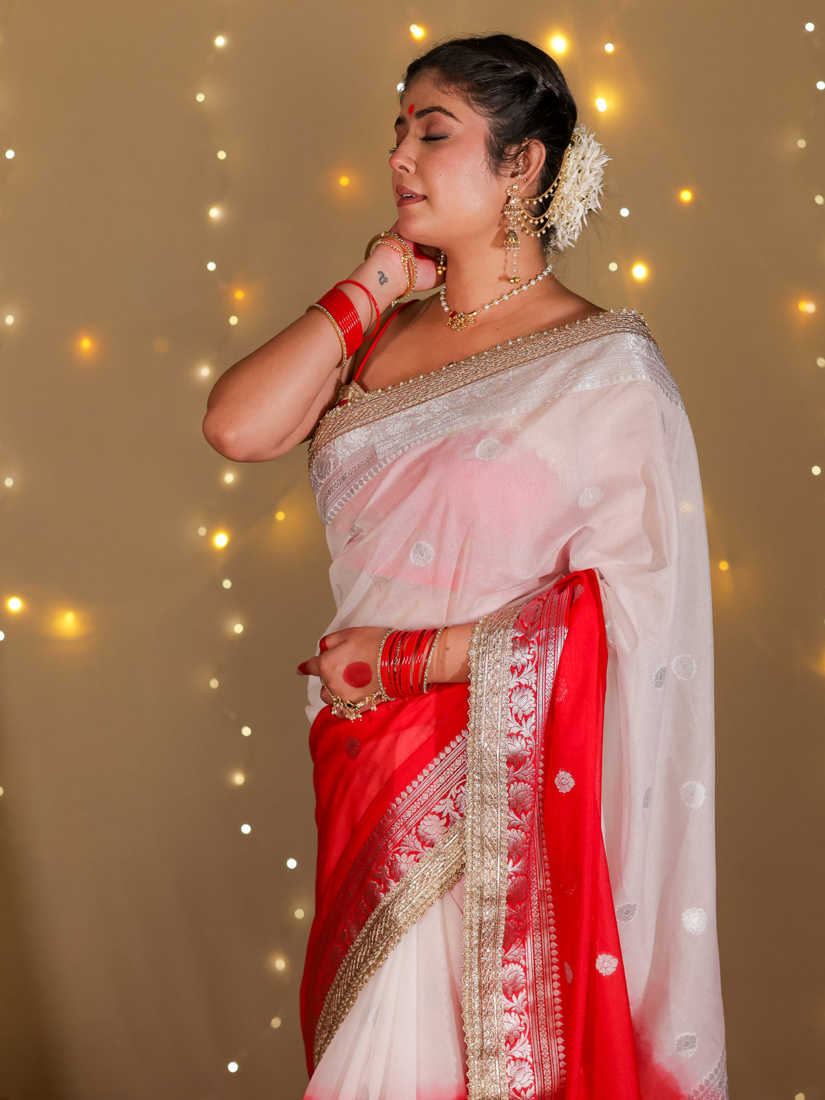 Banarasi Dual Shade Semi Silk Saree With Lace Border- White & Red