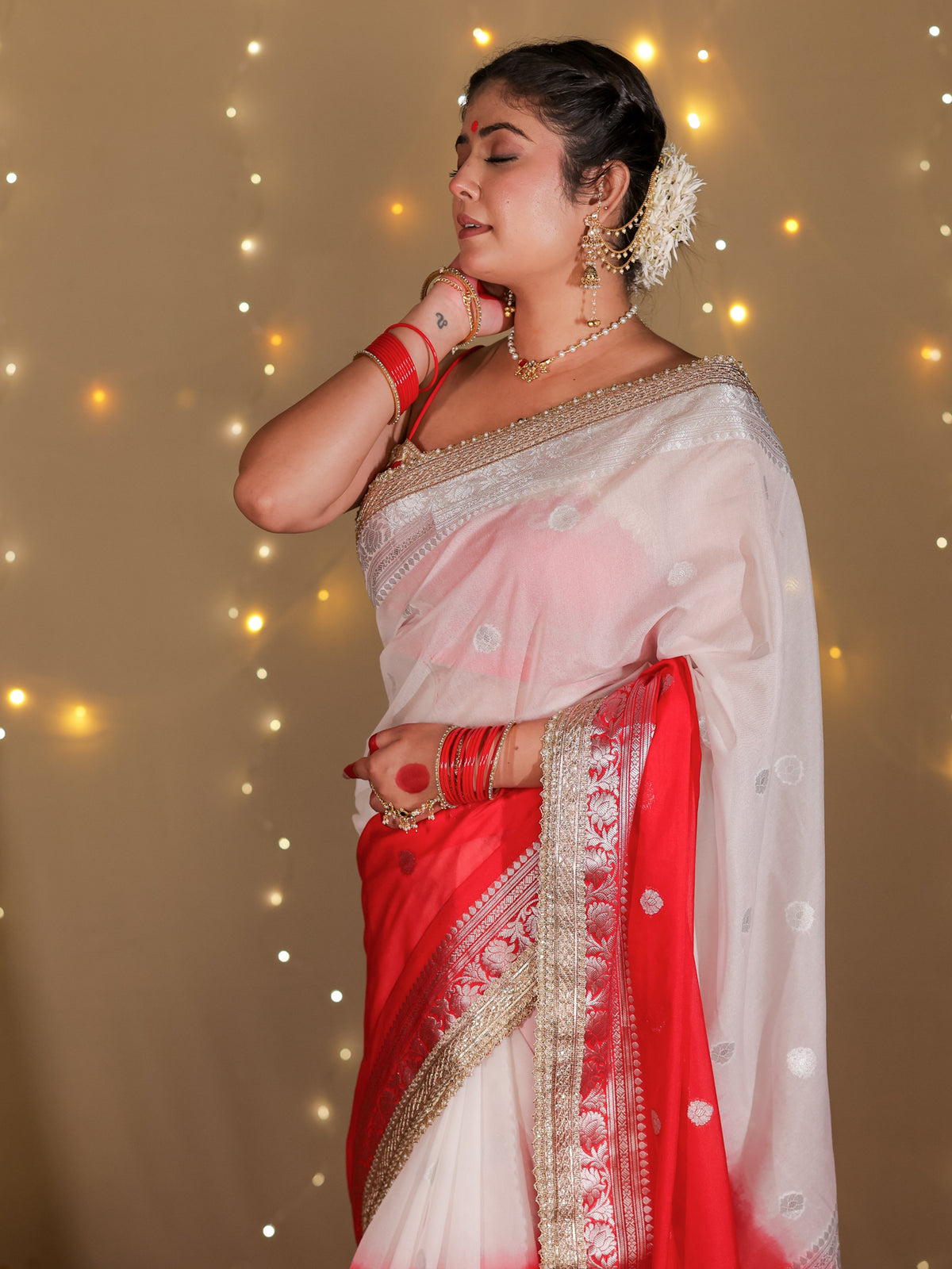 Banarasi Dual Shade Semi Silk Saree With Lace Border- White & Red