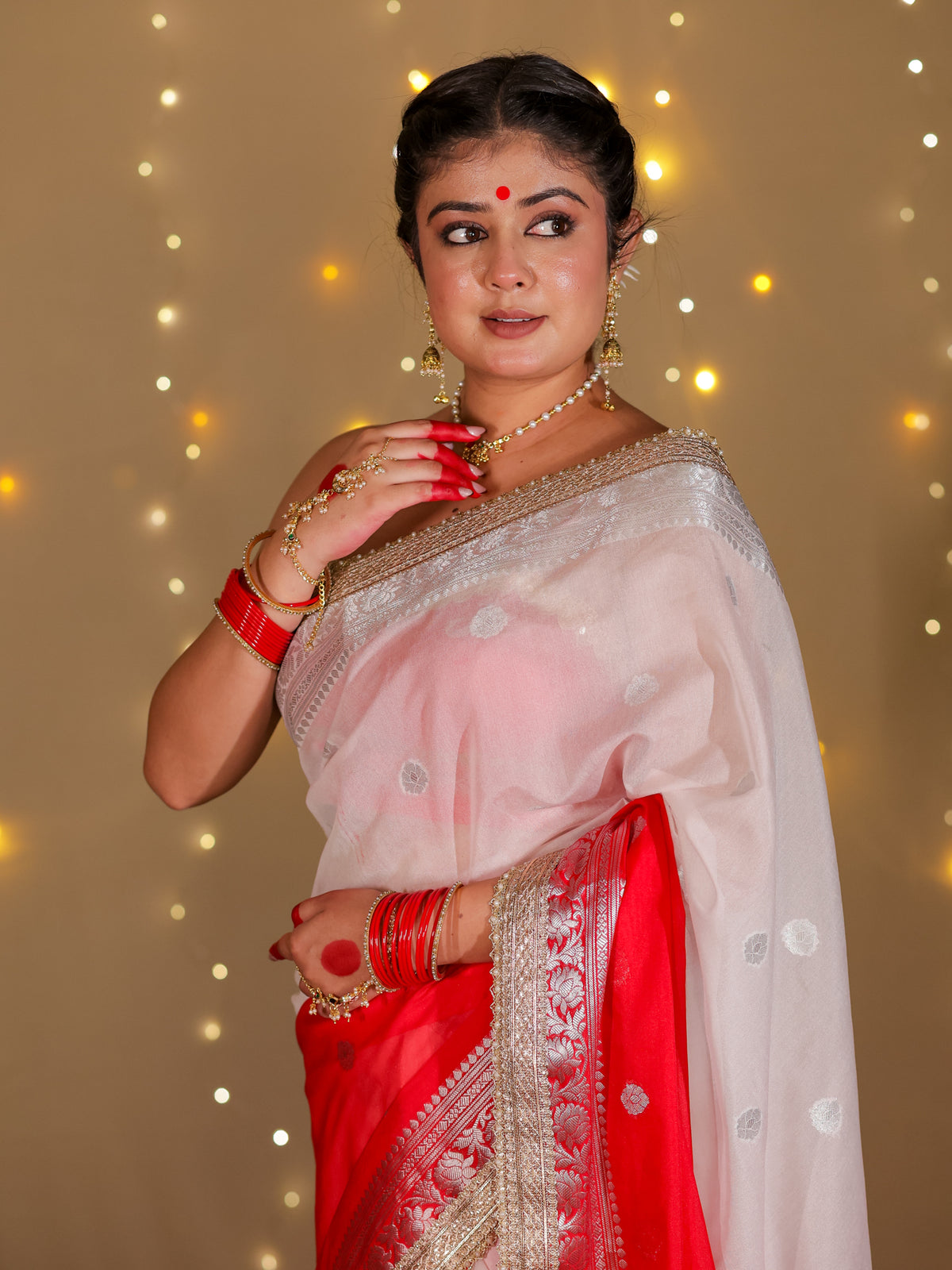 Banarasi Dual Shade Semi Silk Saree With Lace Border- White & Red
