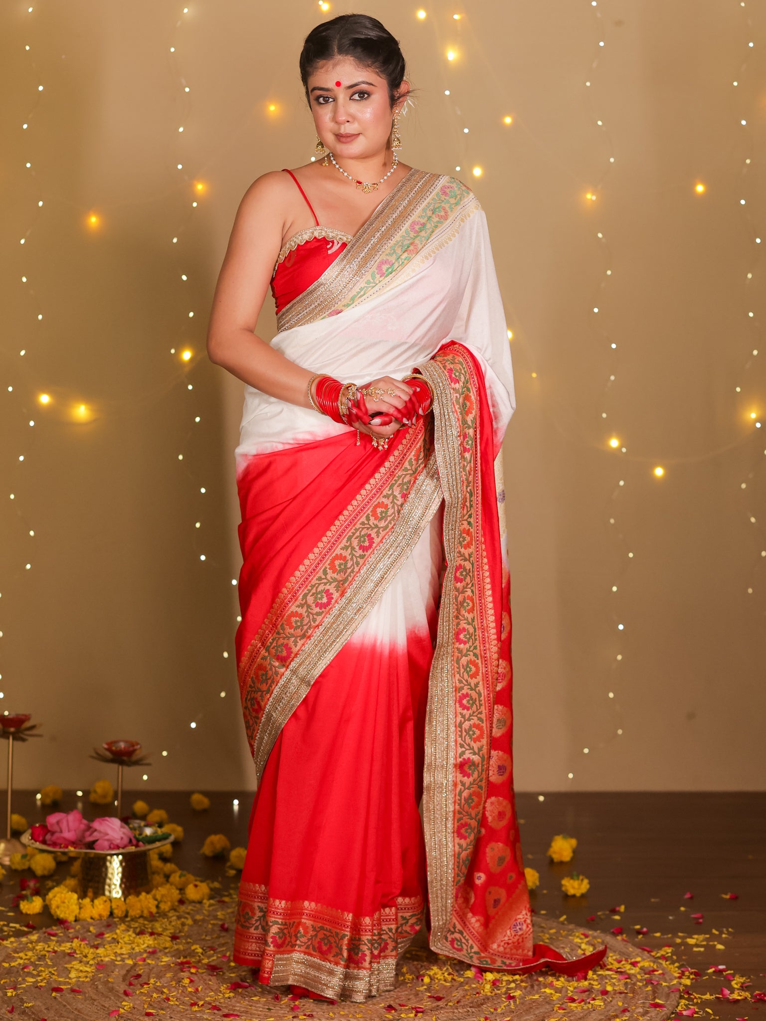Banarasi Dual Shade Semi Silk Saree With Lace Border- White & Red
