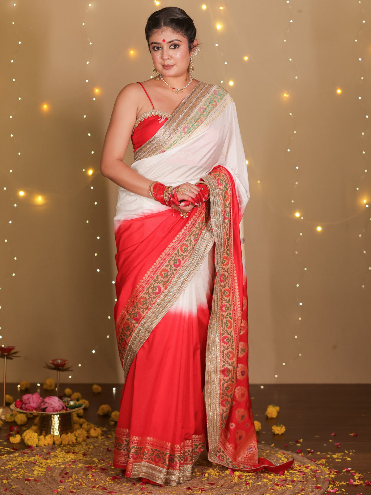 Banarasi Dual Shade Semi Silk Saree With Lace Border- White & Red