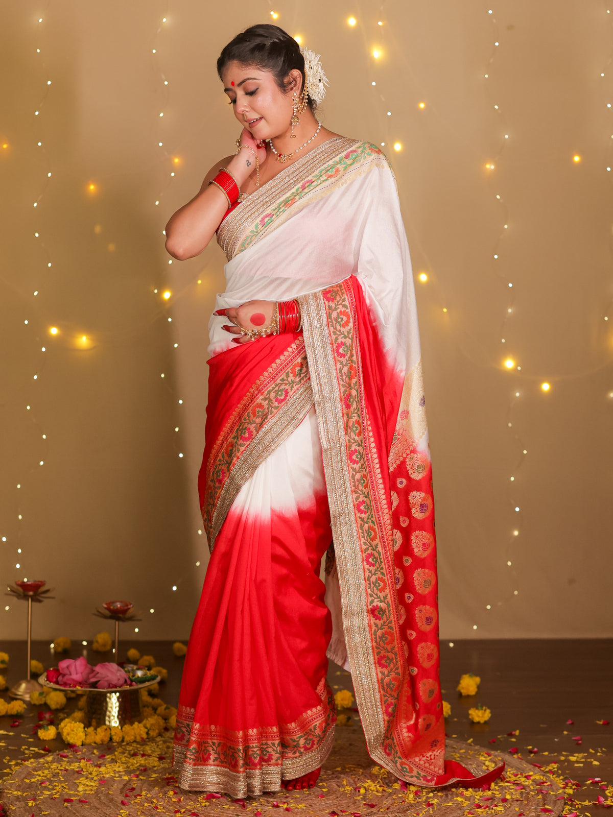 Banarasi Dual Shade Semi Silk Saree With Lace Border- White & Red