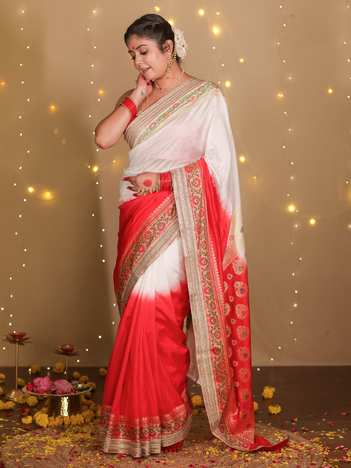 Banarasi Dual Shade Semi Silk Saree With Lace Border- White & Red