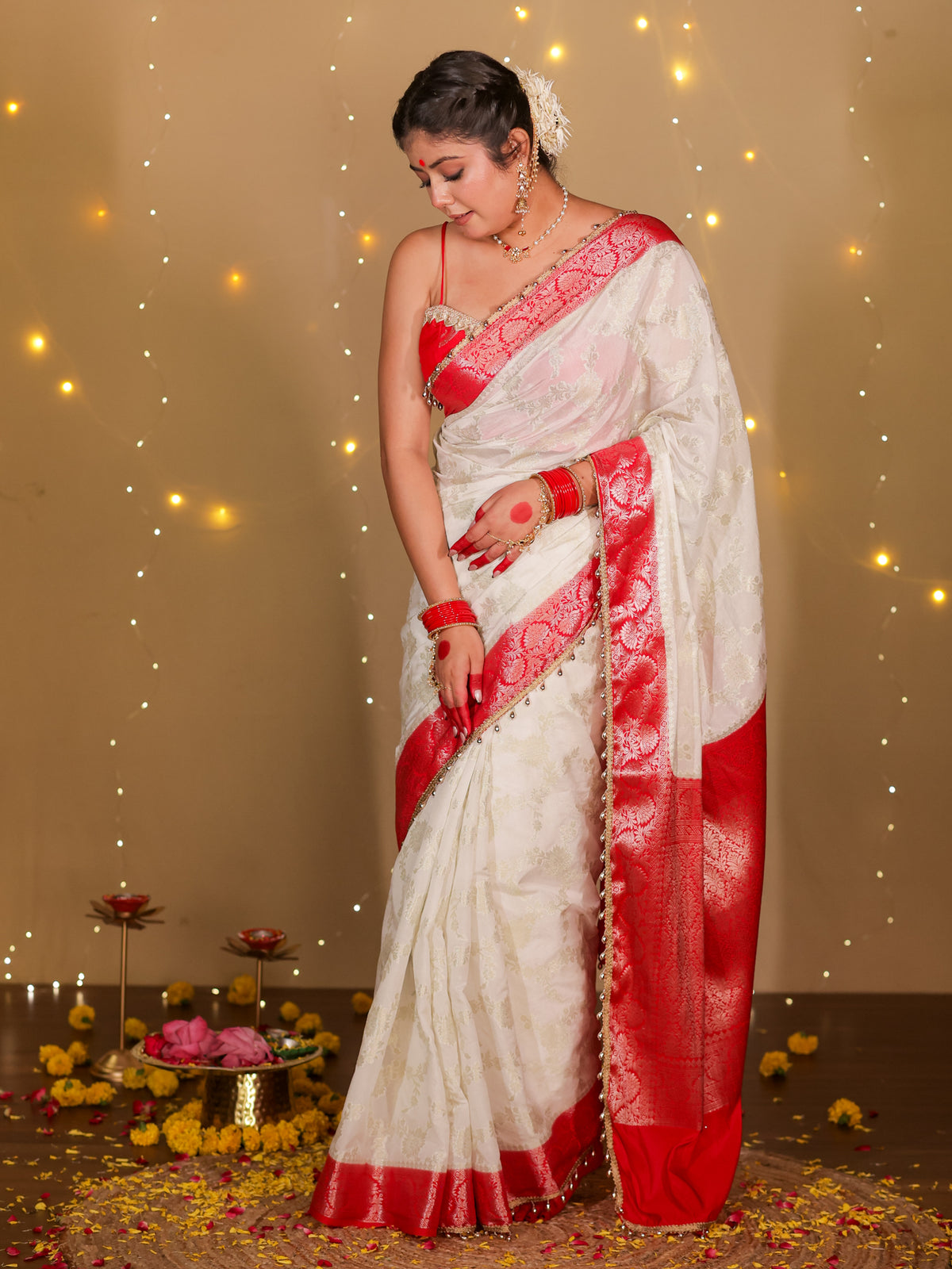 Banarasi Semi Georgette Saree With Lace Border- White & Red