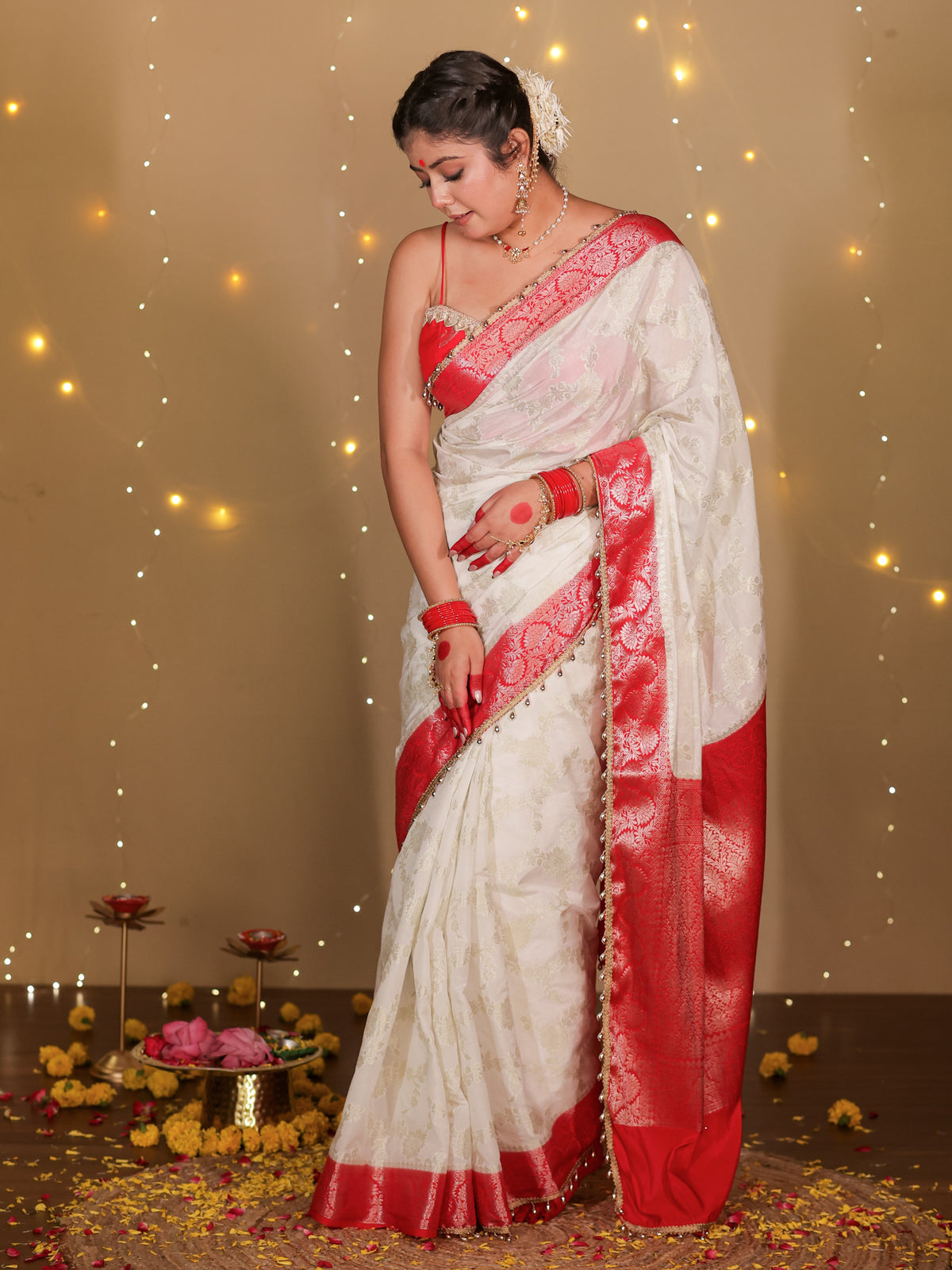 Banarasi Semi Georgette Saree With Lace Border- White & Red