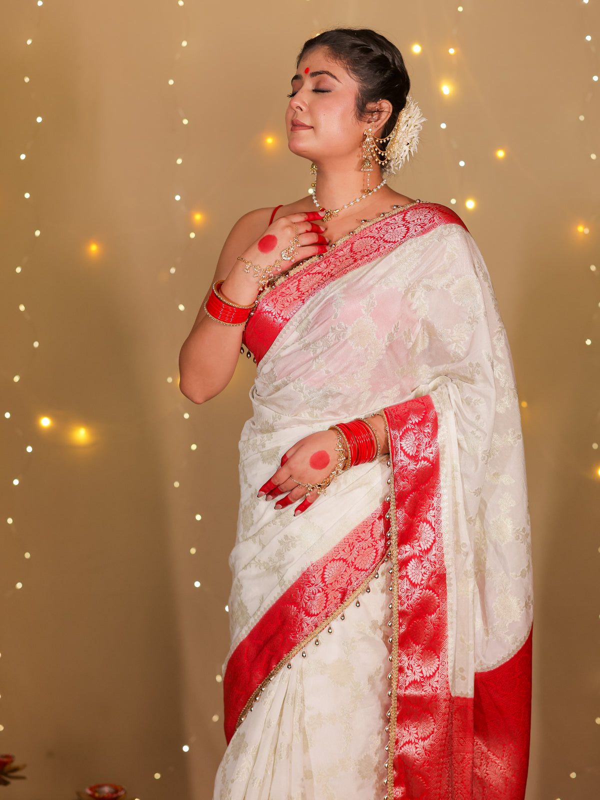 Banarasi Semi Georgette Saree With Lace Border- White & Red