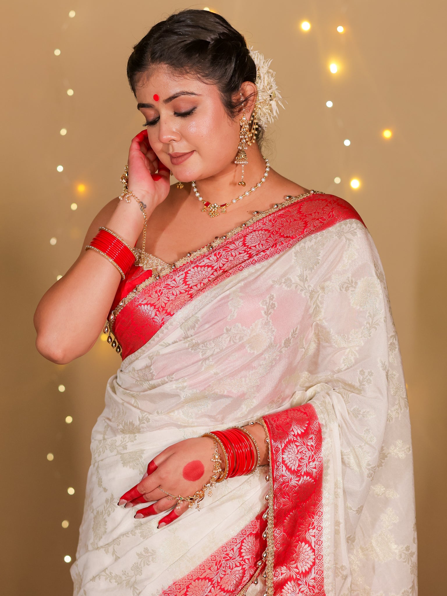 Banarasi Semi Georgette Saree With Lace Border- White & Red