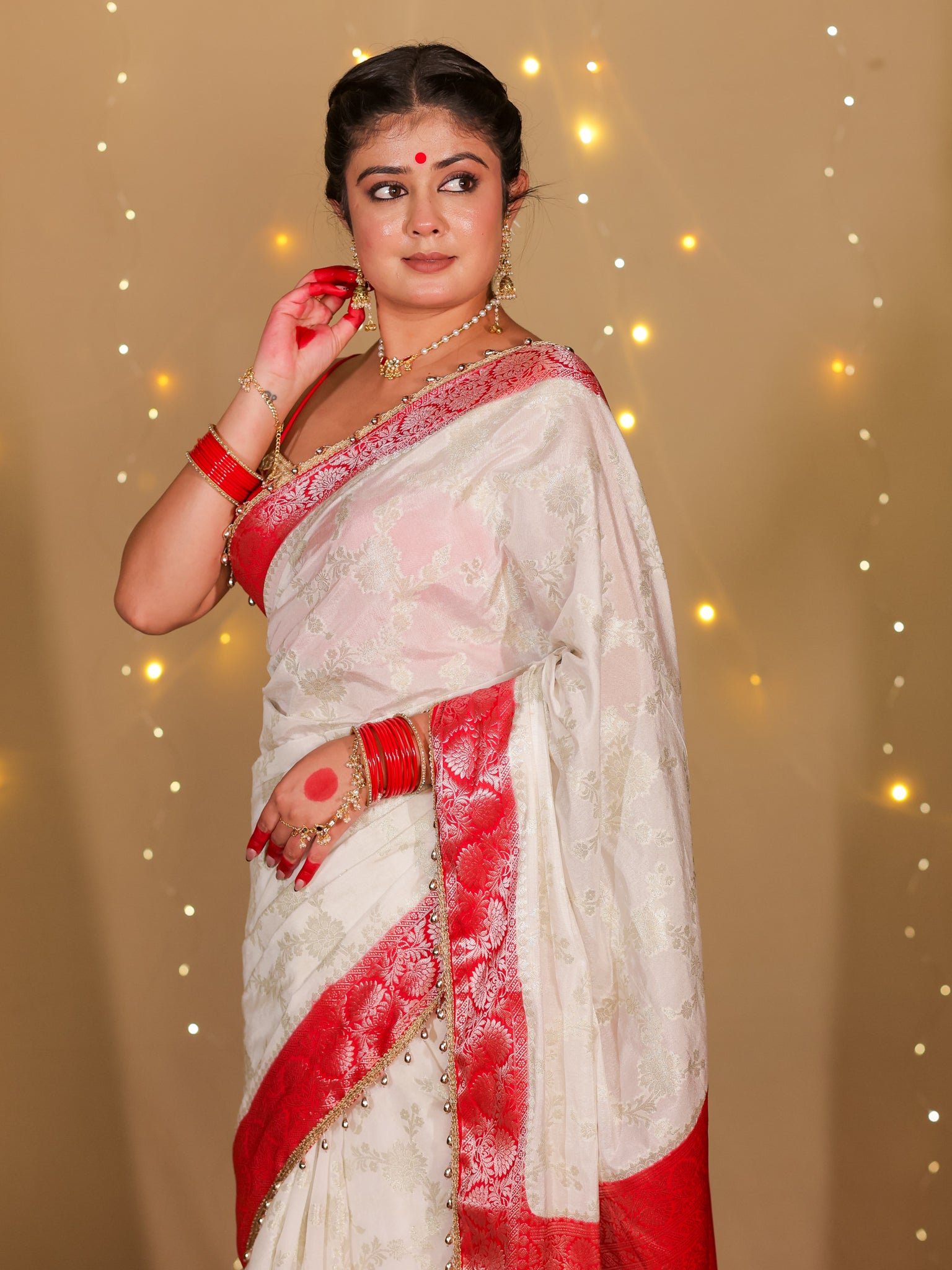 Banarasi Semi Georgette Saree With Lace Border- White & Red