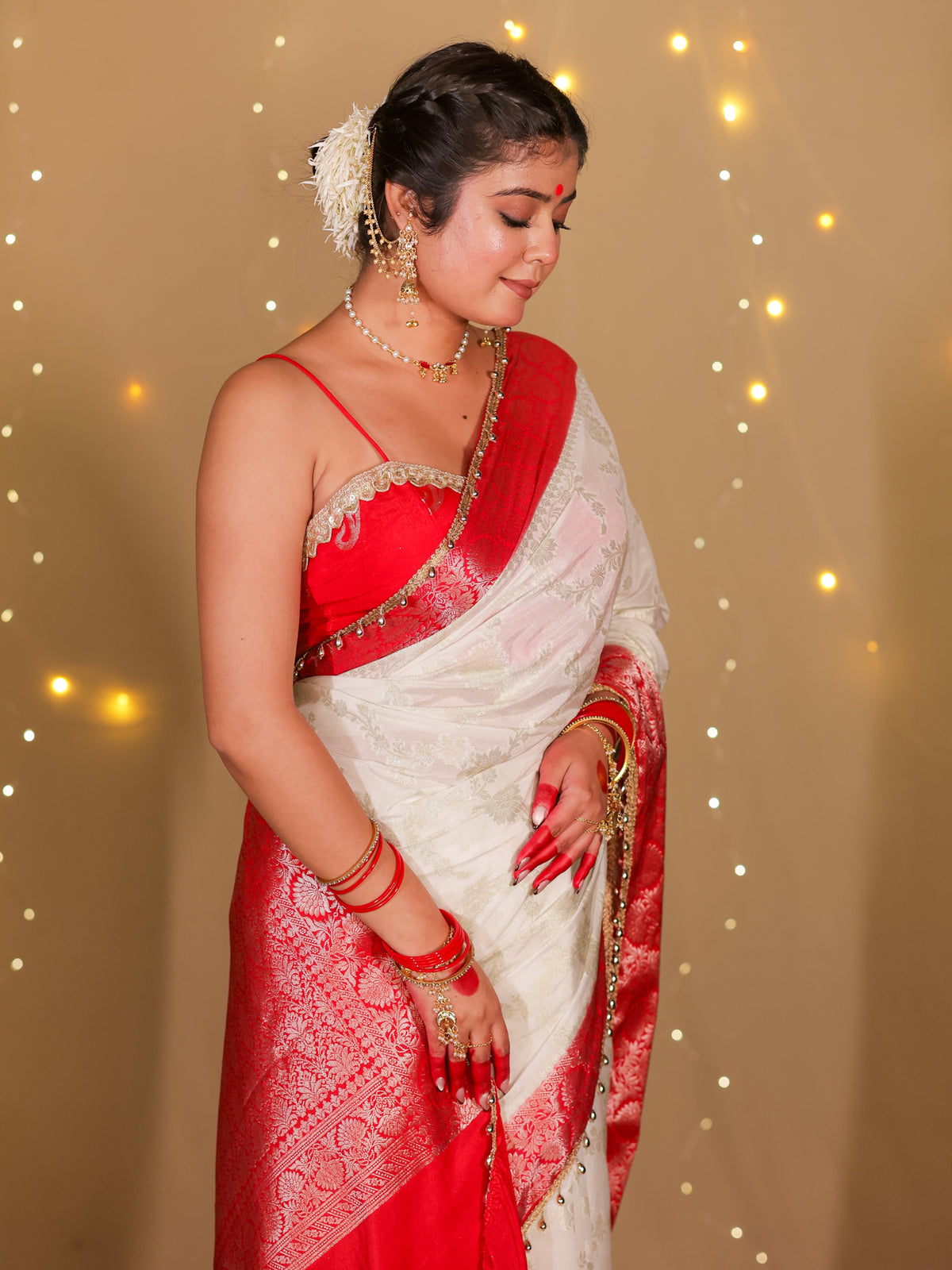 Banarasi Semi Georgette Saree With Lace Border- White & Red