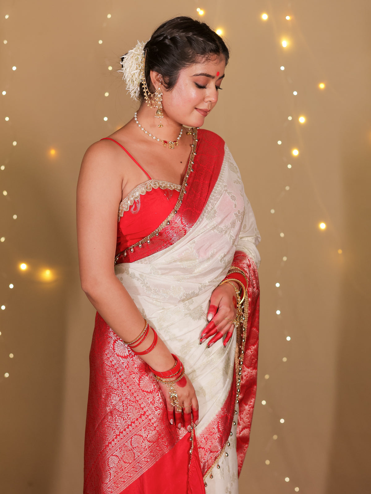 Banarasi Semi Georgette Saree With Lace Border- White & Red