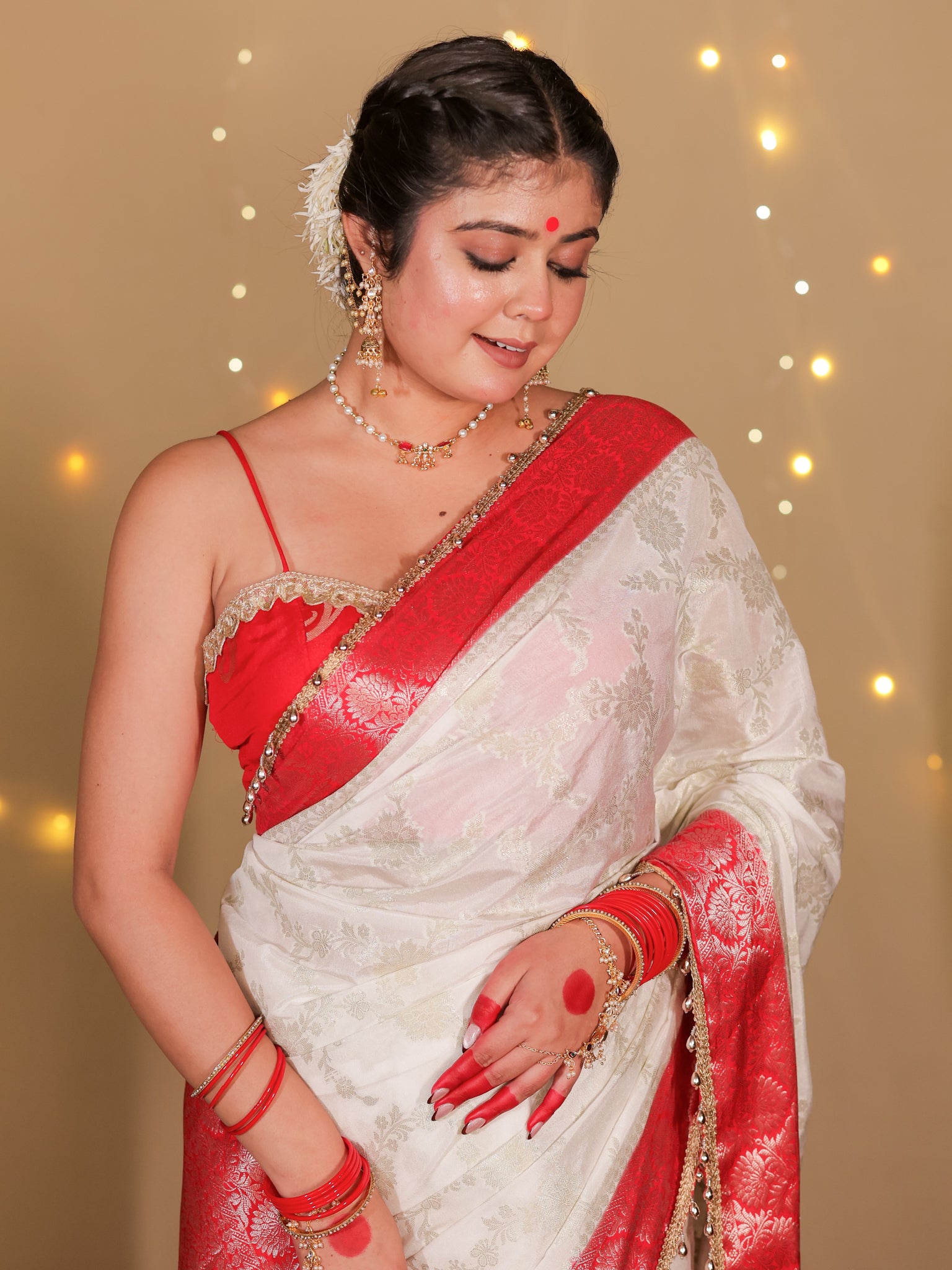 Banarasi Semi Georgette Saree With Lace Border- White & Red