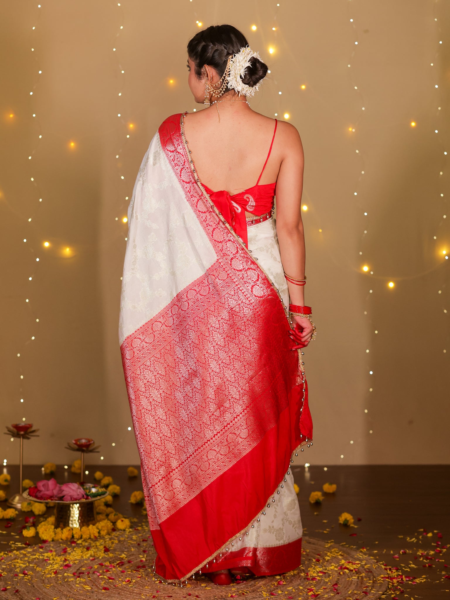 Banarasi Semi Georgette Saree With Lace Border- White & Red
