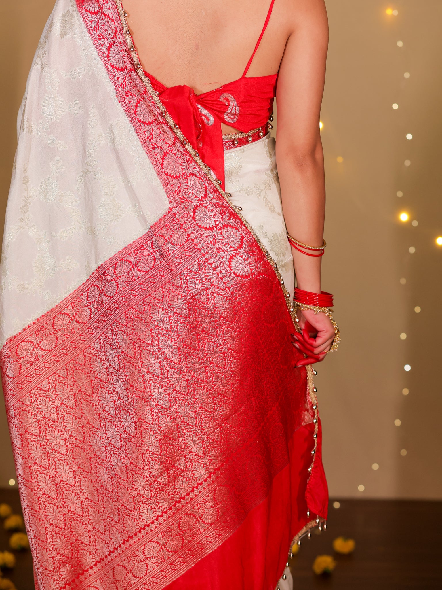 Banarasi Semi Georgette Saree With Lace Border- White & Red