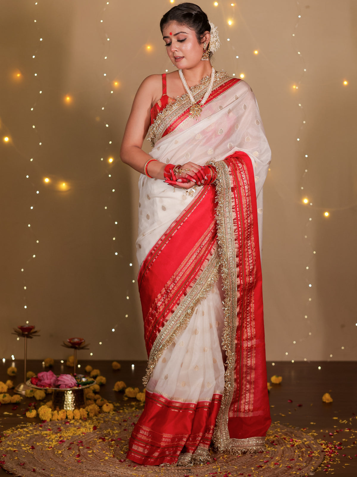 Banarasi Dual Shade Semi Georgette Saree With Lace Border- White & Red
