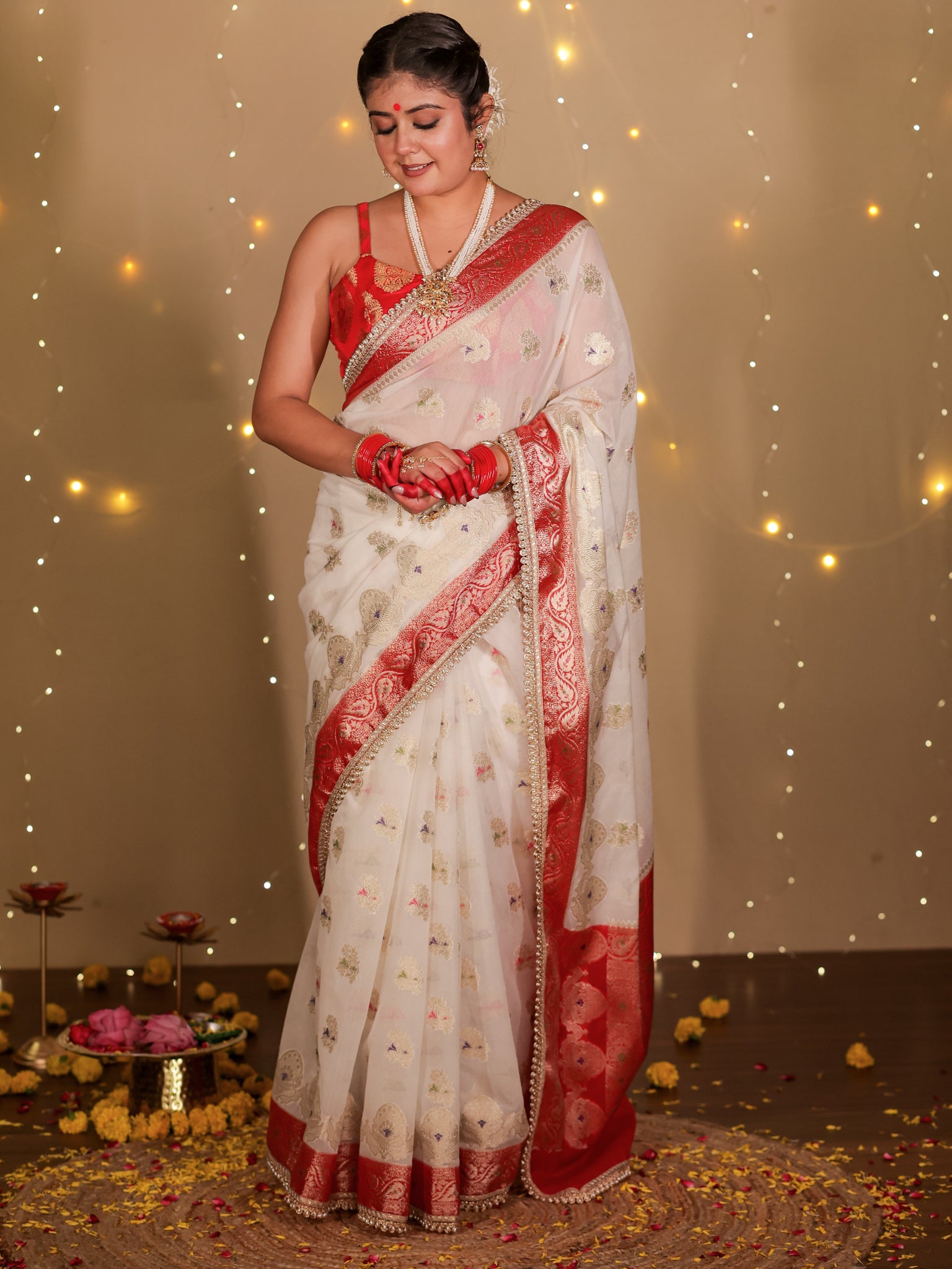 Banarasi Semi Georgette Saree With Lace Border- White & Red