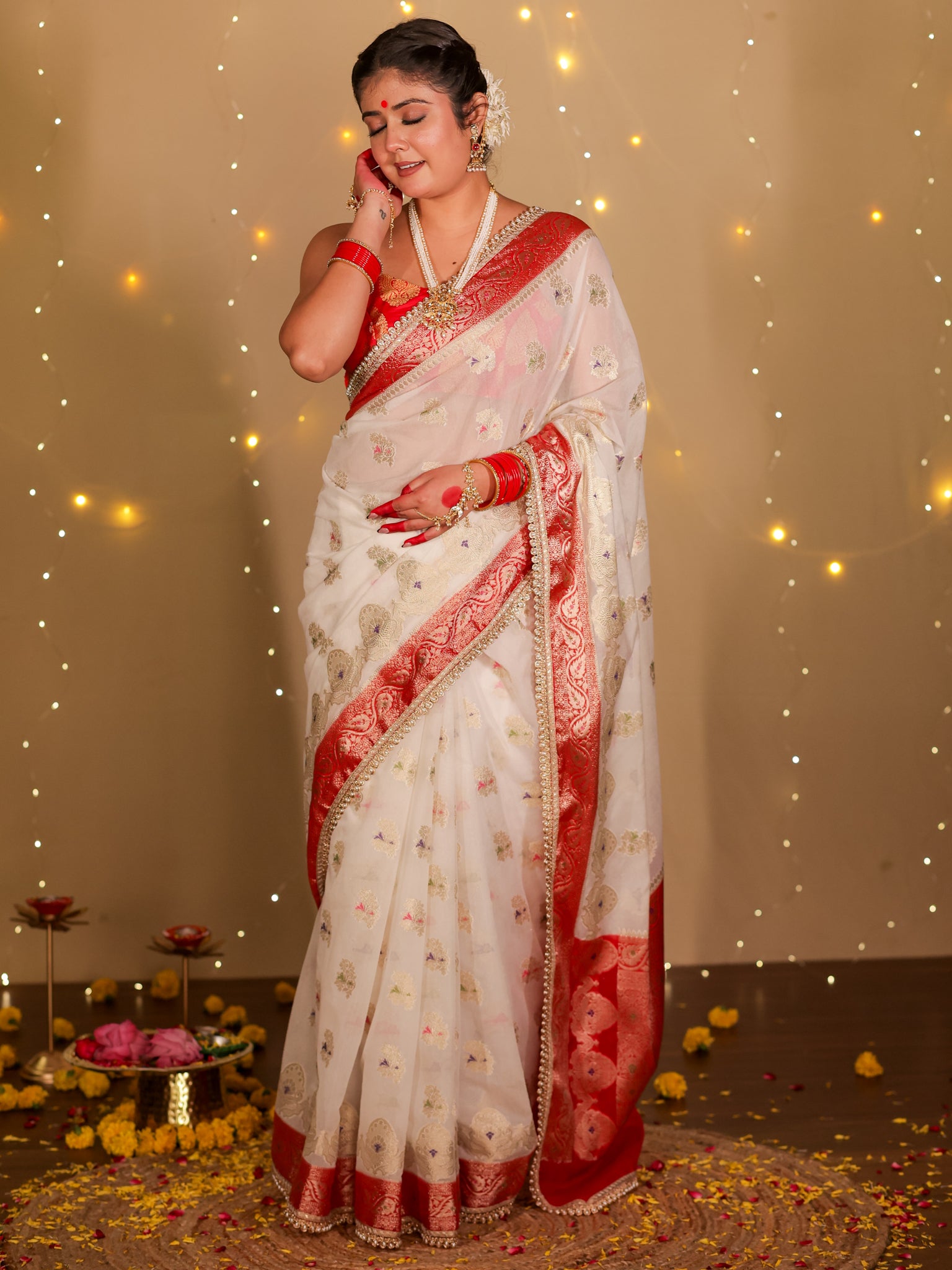 Banarasi Semi Georgette Saree With Lace Border- White & Red