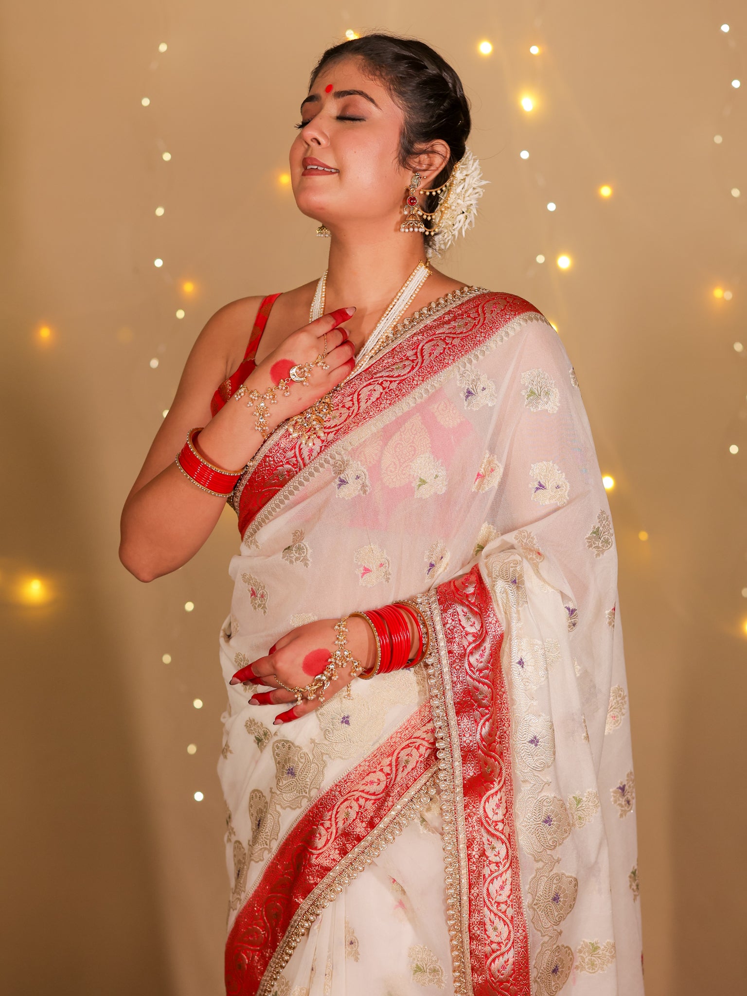 Banarasi Semi Georgette Saree With Lace Border- White & Red