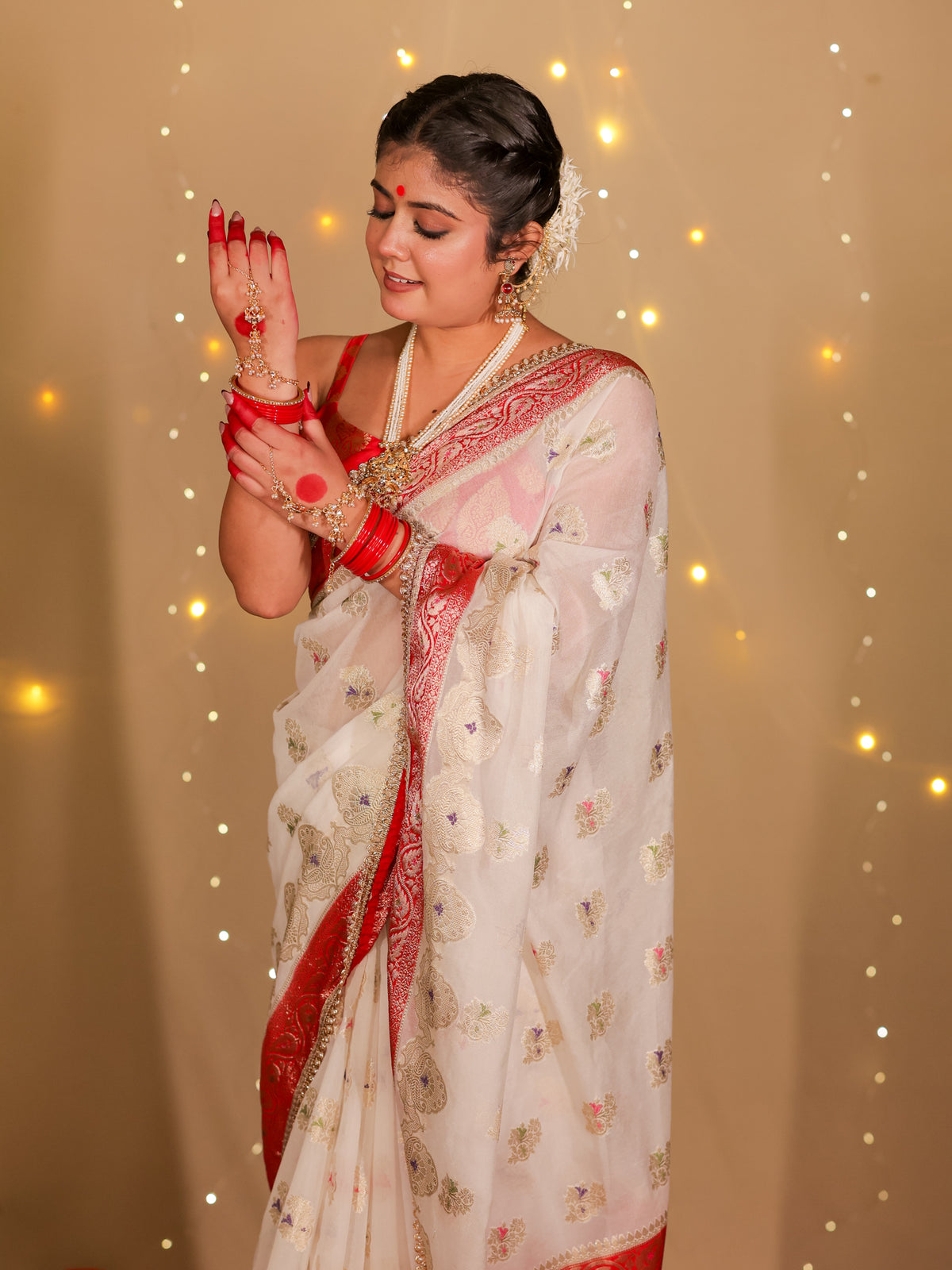 Banarasi Semi Georgette Saree With Lace Border- White & Red