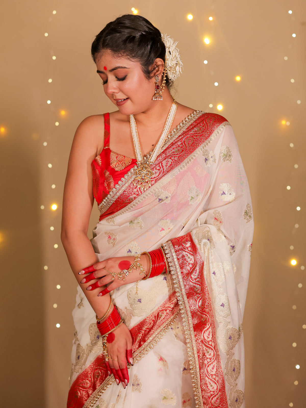 Banarasi Semi Georgette Saree With Lace Border- White & Red