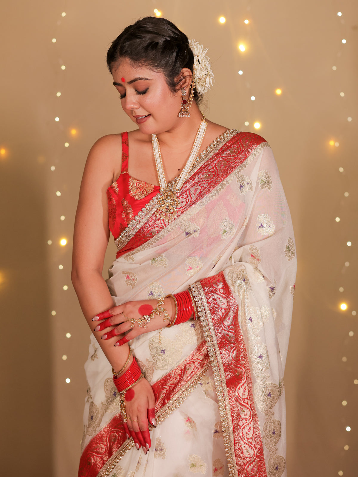Banarasi Semi Georgette Saree With Lace Border- White & Red