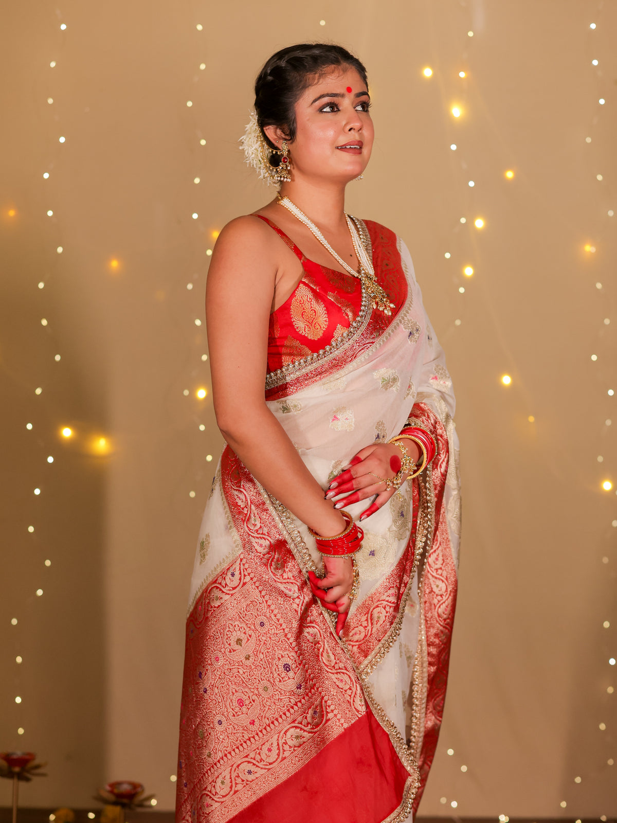 Banarasi Semi Georgette Saree With Lace Border- White & Red