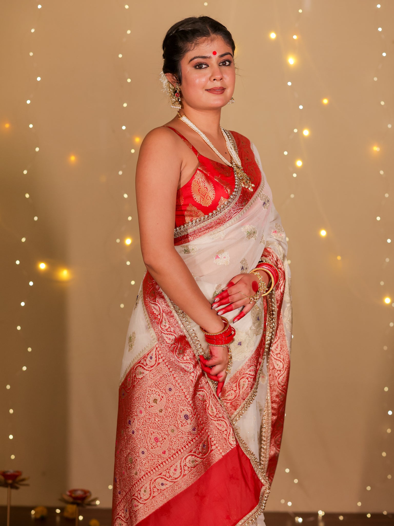 Banarasi Semi Georgette Saree With Lace Border- White & Red