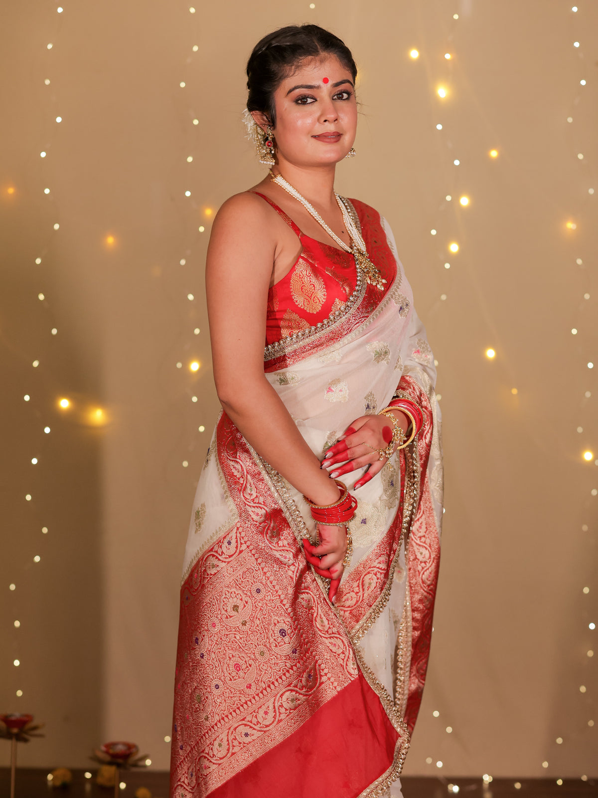 Banarasi Semi Georgette Saree With Lace Border- White & Red