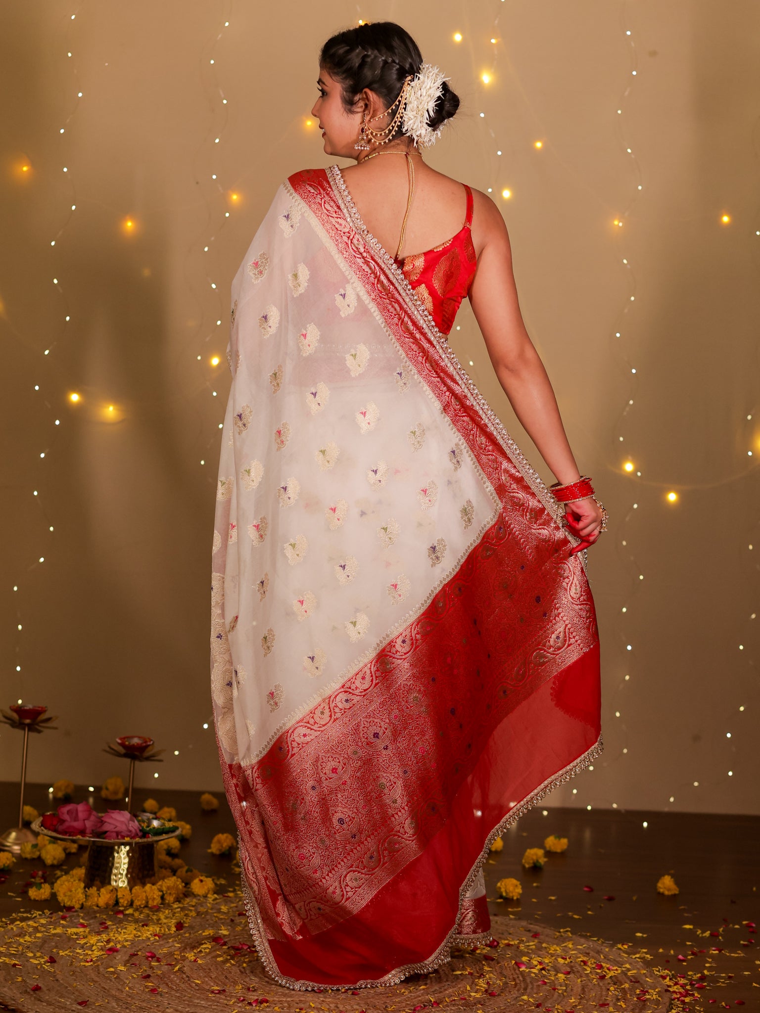 Banarasi Semi Georgette Saree With Lace Border- White & Red
