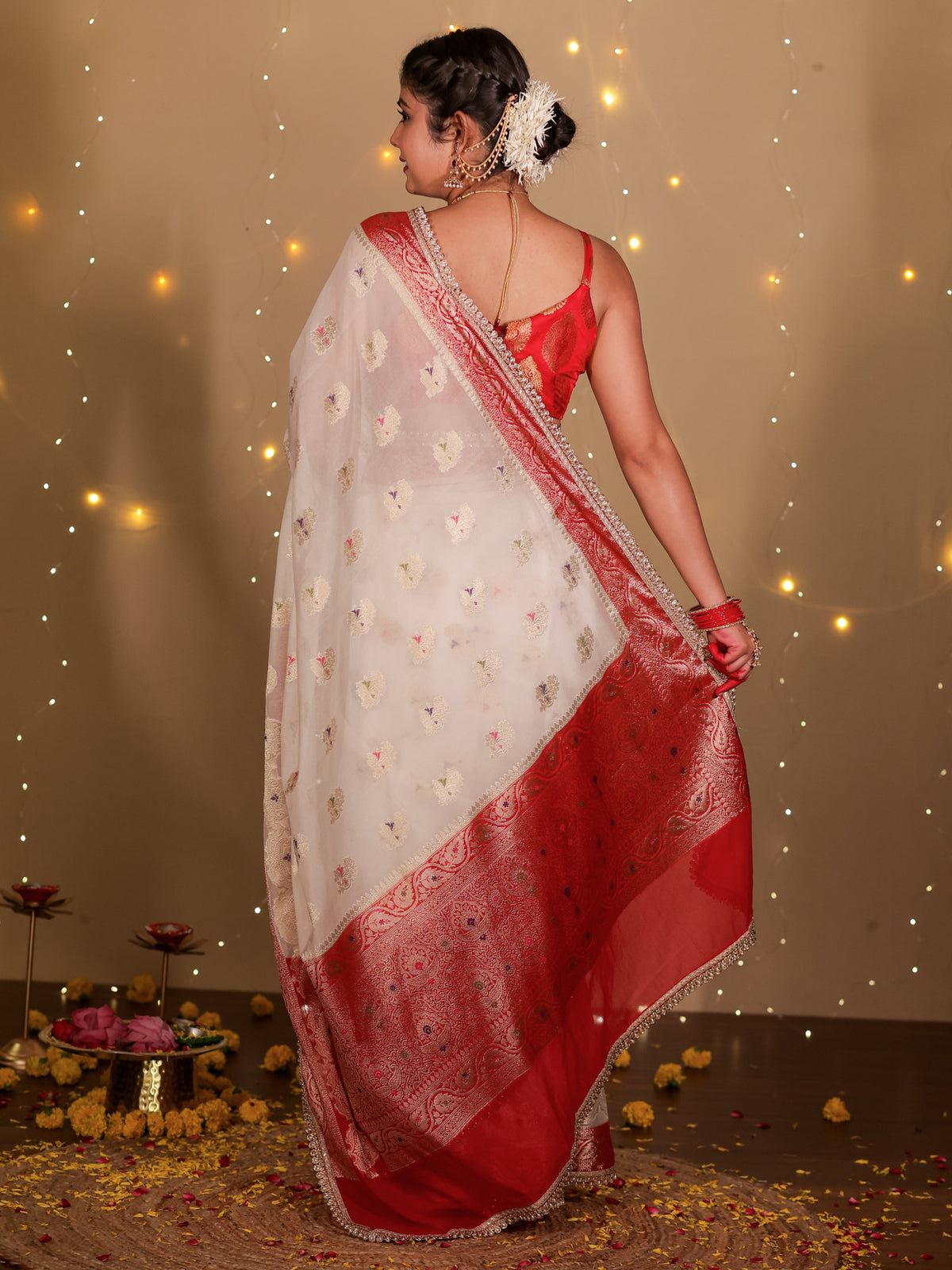 Banarasi Semi Georgette Saree With Lace Border- White & Red