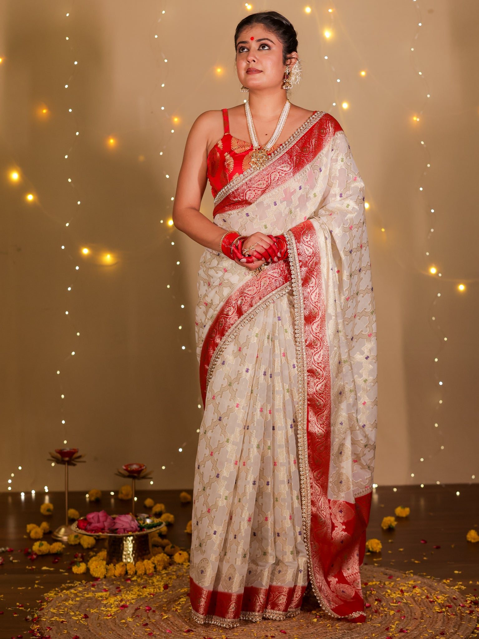 Banarasi Semi Georgette Saree With Lace Border- White & Red