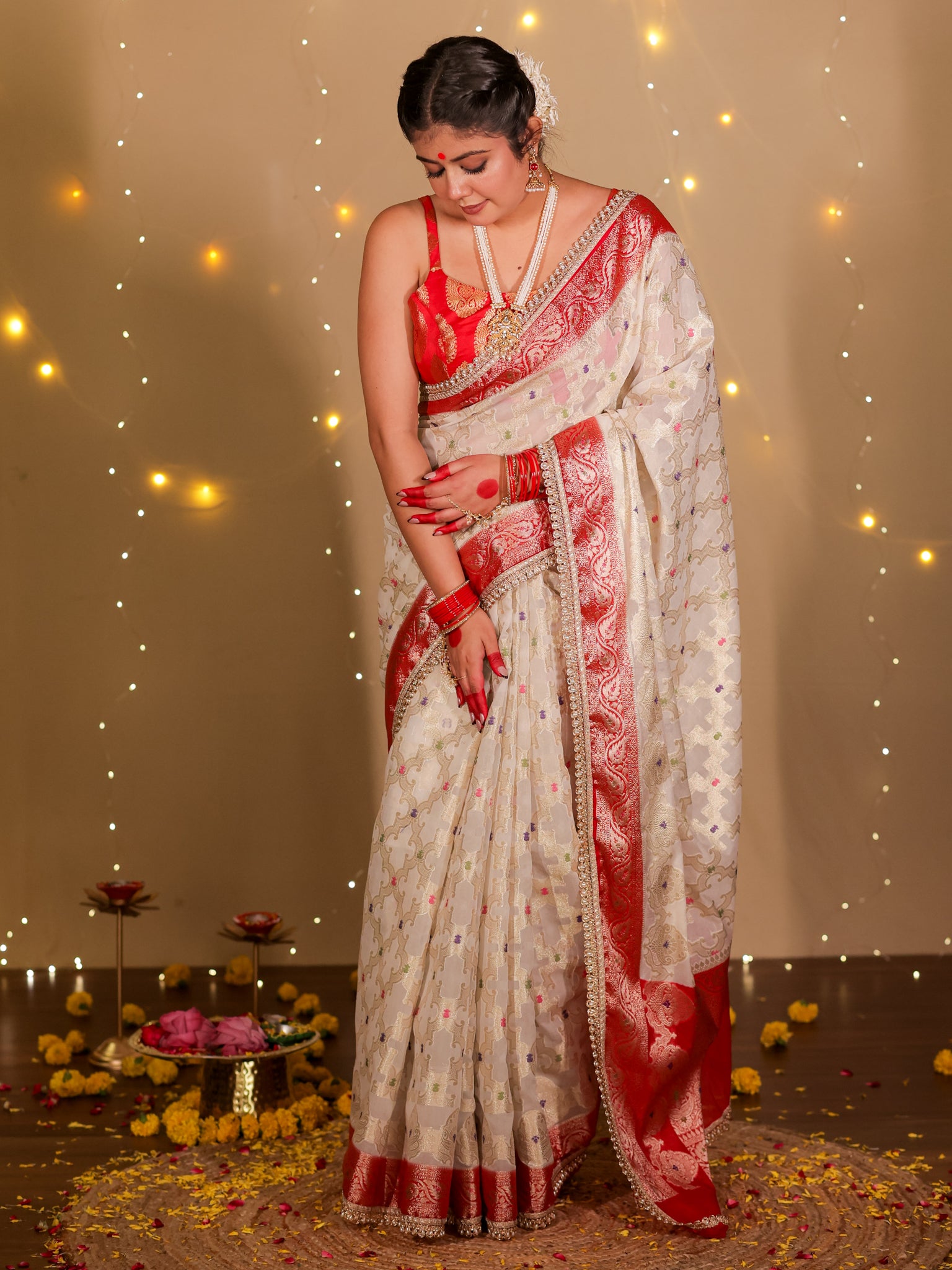 Banarasi Semi Georgette Saree With Lace Border- White & Red