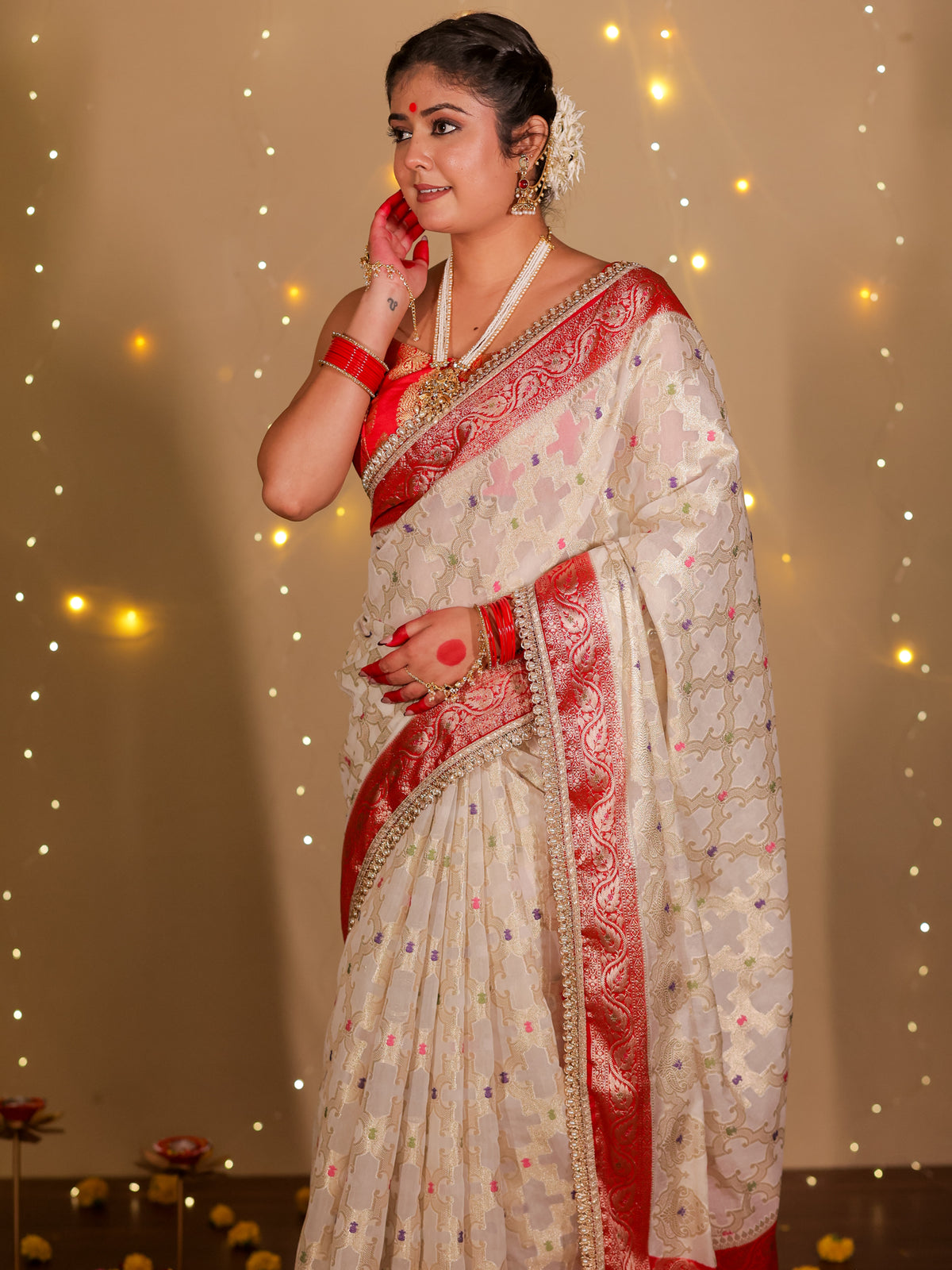 Banarasi Semi Georgette Saree With Lace Border- White & Red