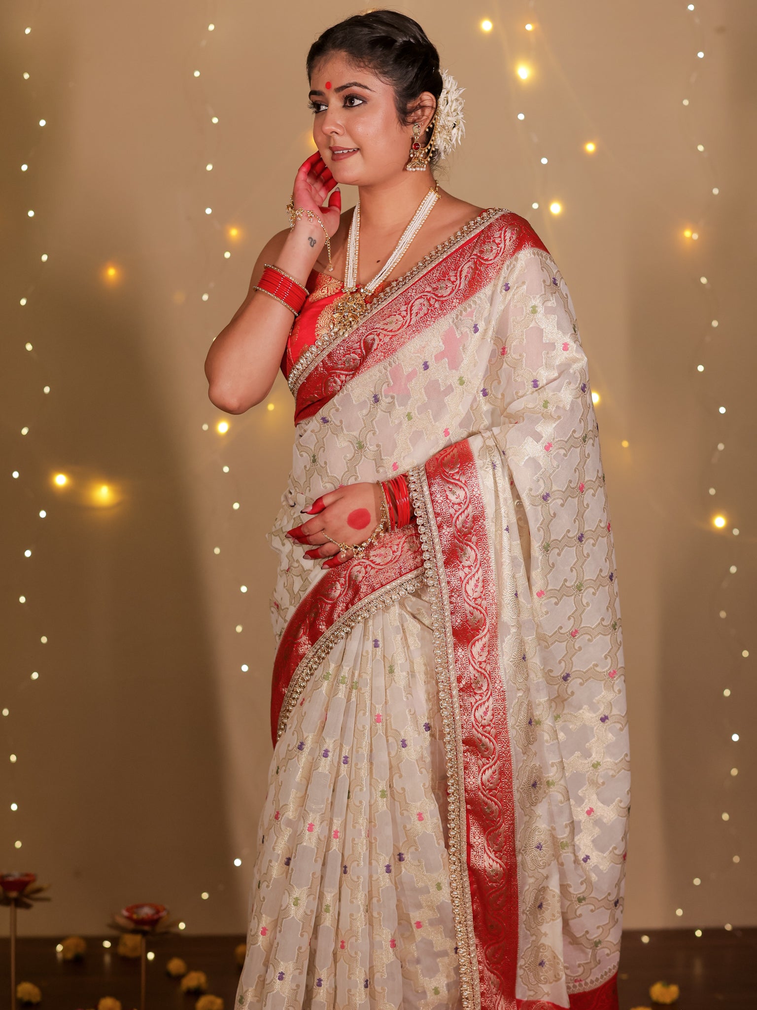 Banarasi Semi Georgette Saree With Lace Border- White & Red