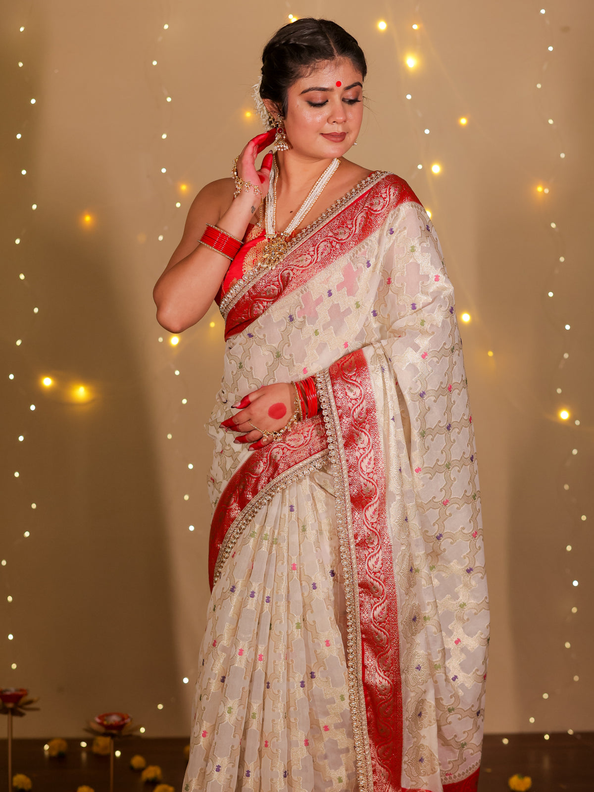 Banarasi Semi Georgette Saree With Lace Border- White & Red