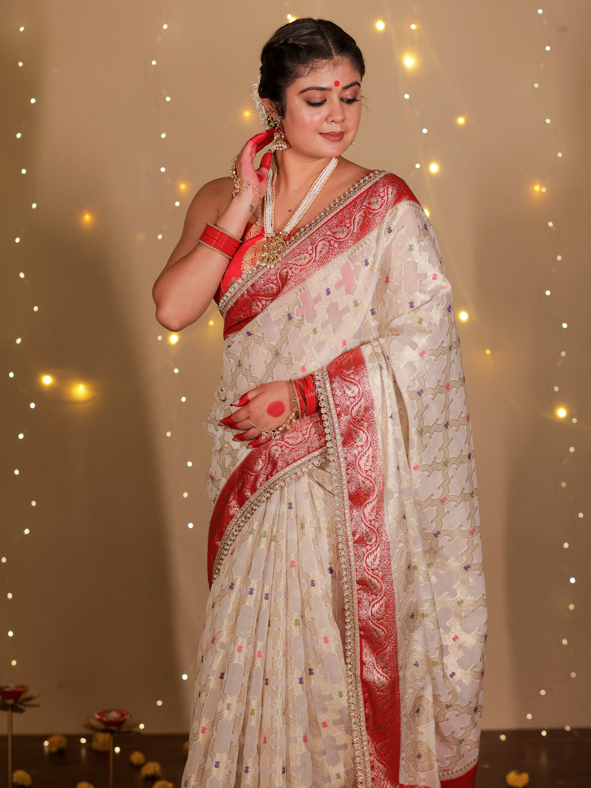 Banarasi Semi Georgette Saree With Lace Border- White & Red