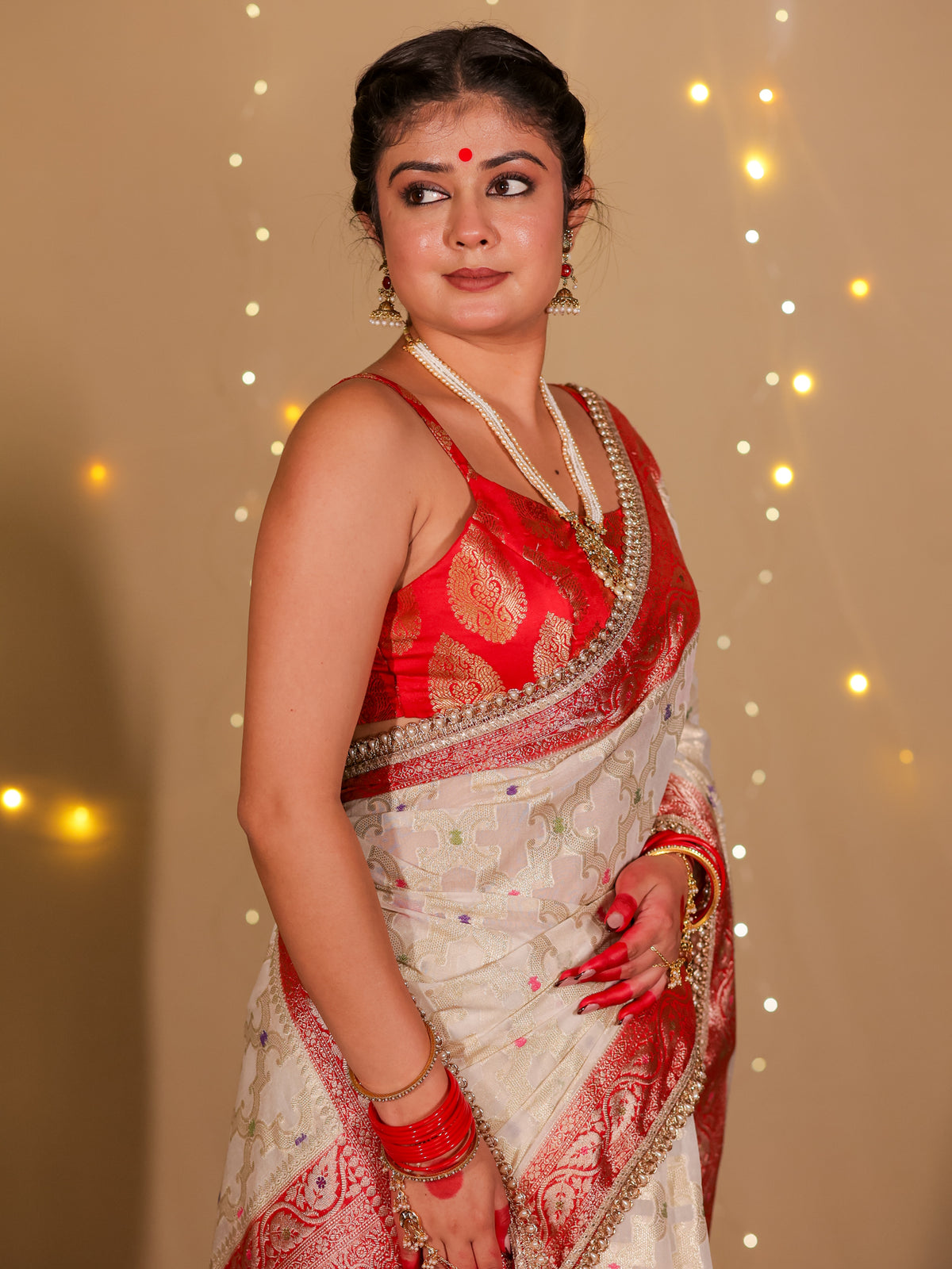 Banarasi Semi Georgette Saree With Lace Border- White & Red