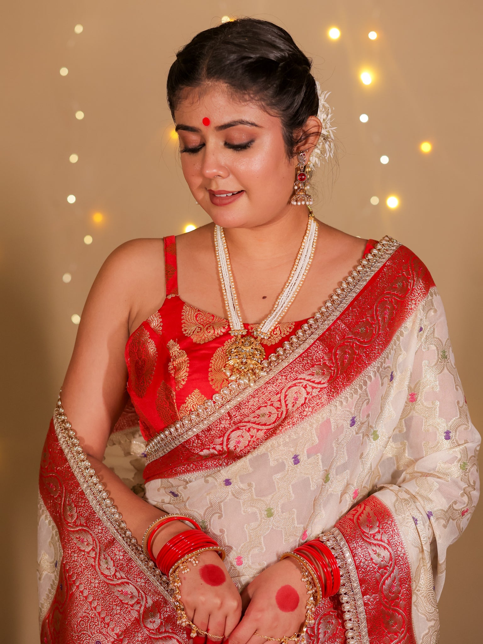 Banarasi Semi Georgette Saree With Lace Border- White & Red