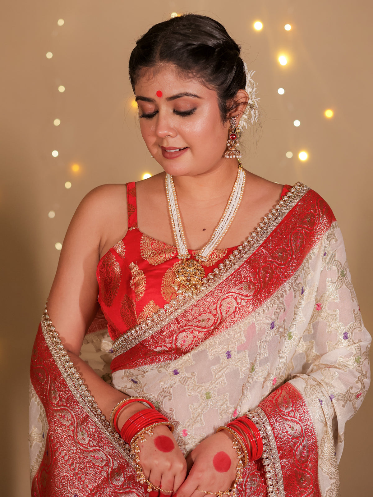 Banarasi Semi Georgette Saree With Lace Border- White & Red