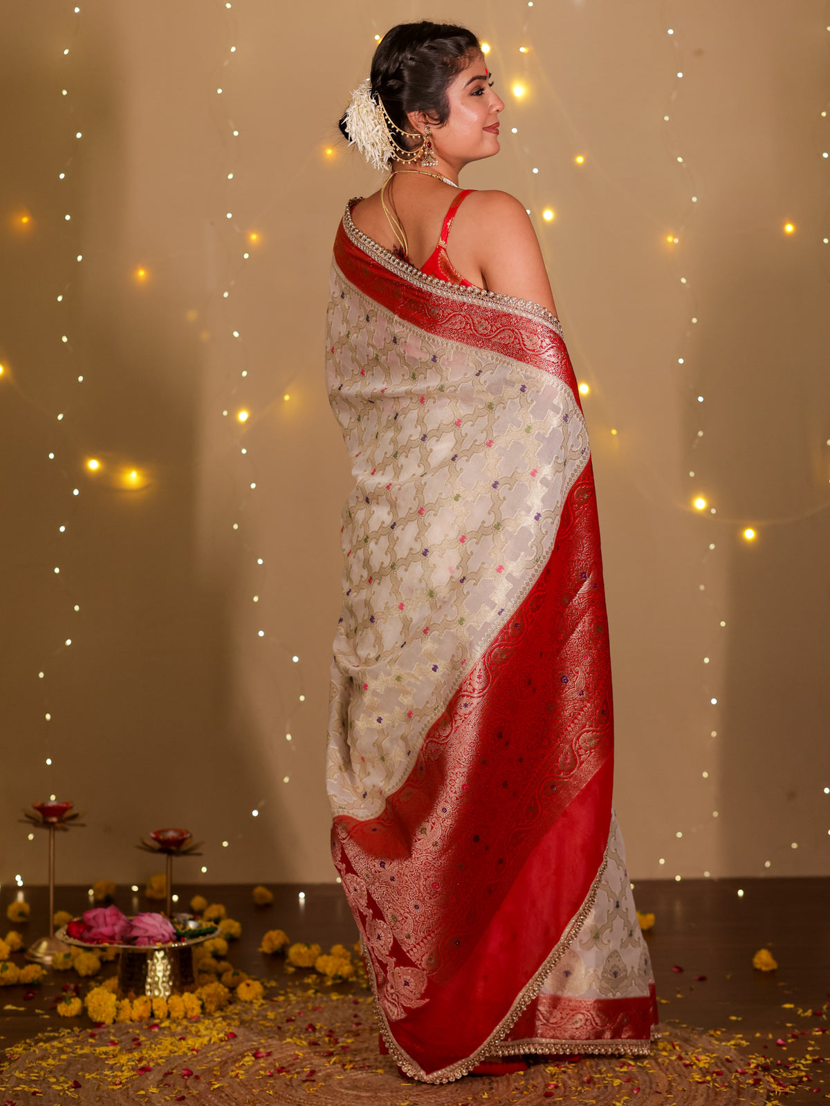 Banarasi Semi Georgette Saree With Lace Border- White & Red
