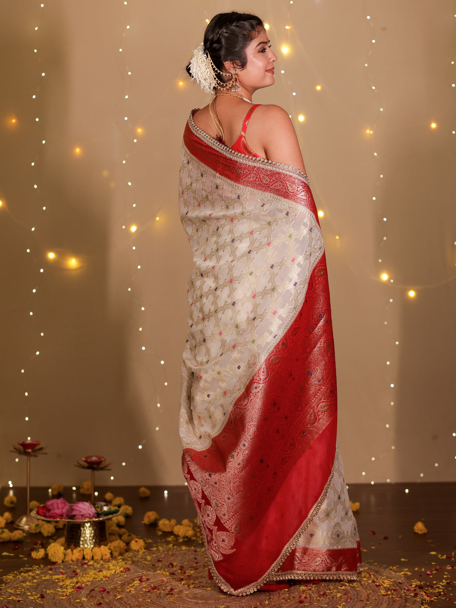 Banarasi Semi Georgette Saree With Lace Border- White & Red