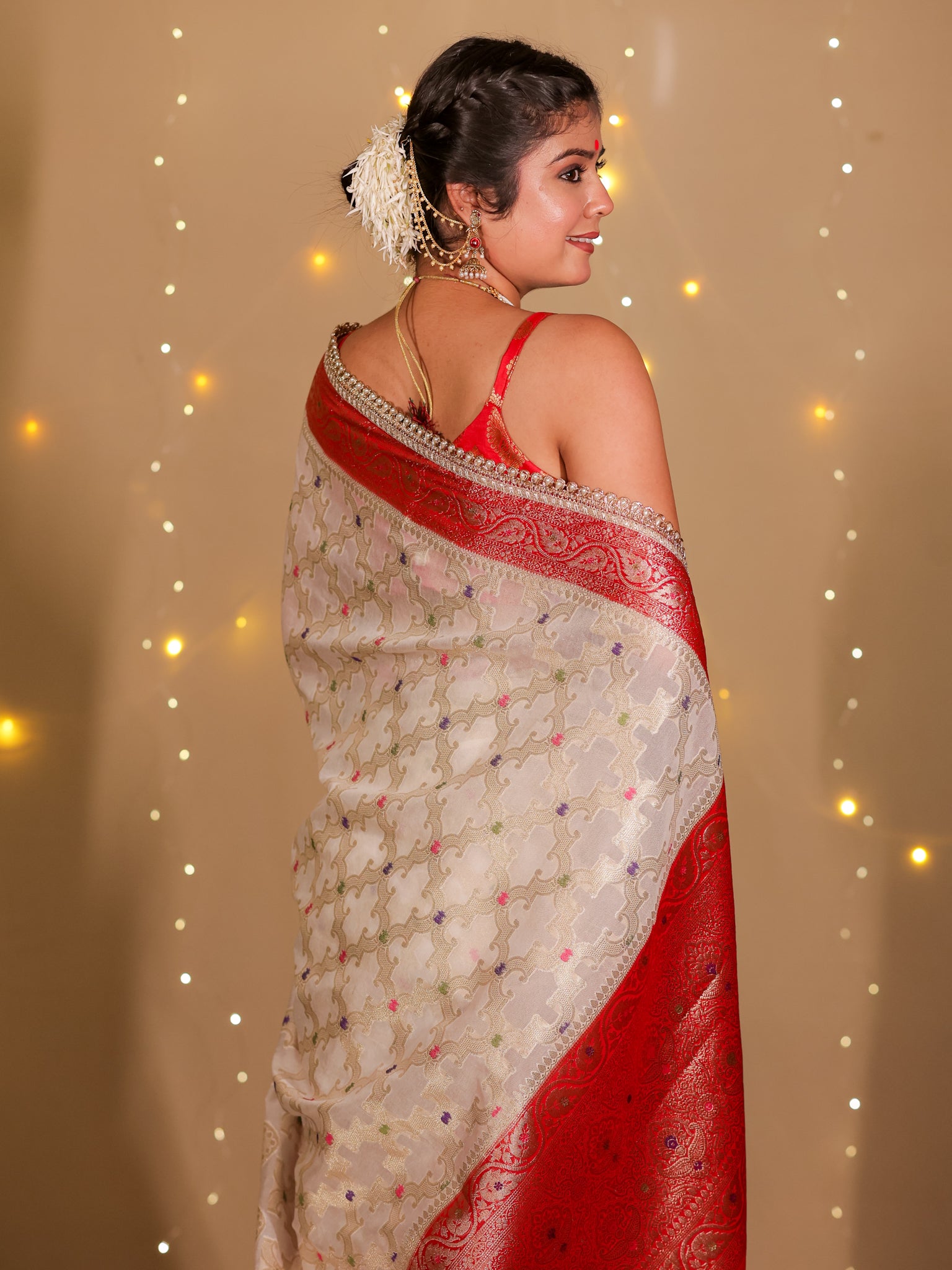 Banarasi Semi Georgette Saree With Lace Border- White & Red
