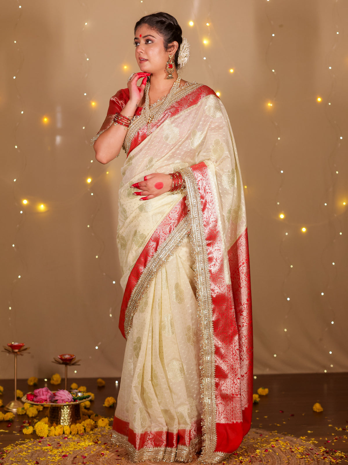 Banarasi Cotton Silk Saree With Lace Border- Off White