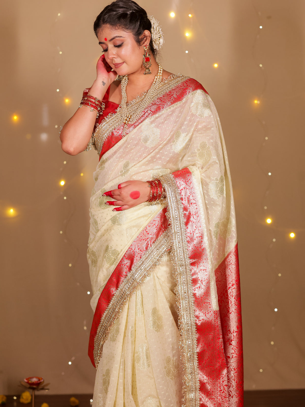 Banarasi Cotton Silk Saree With Lace Border- Off White
