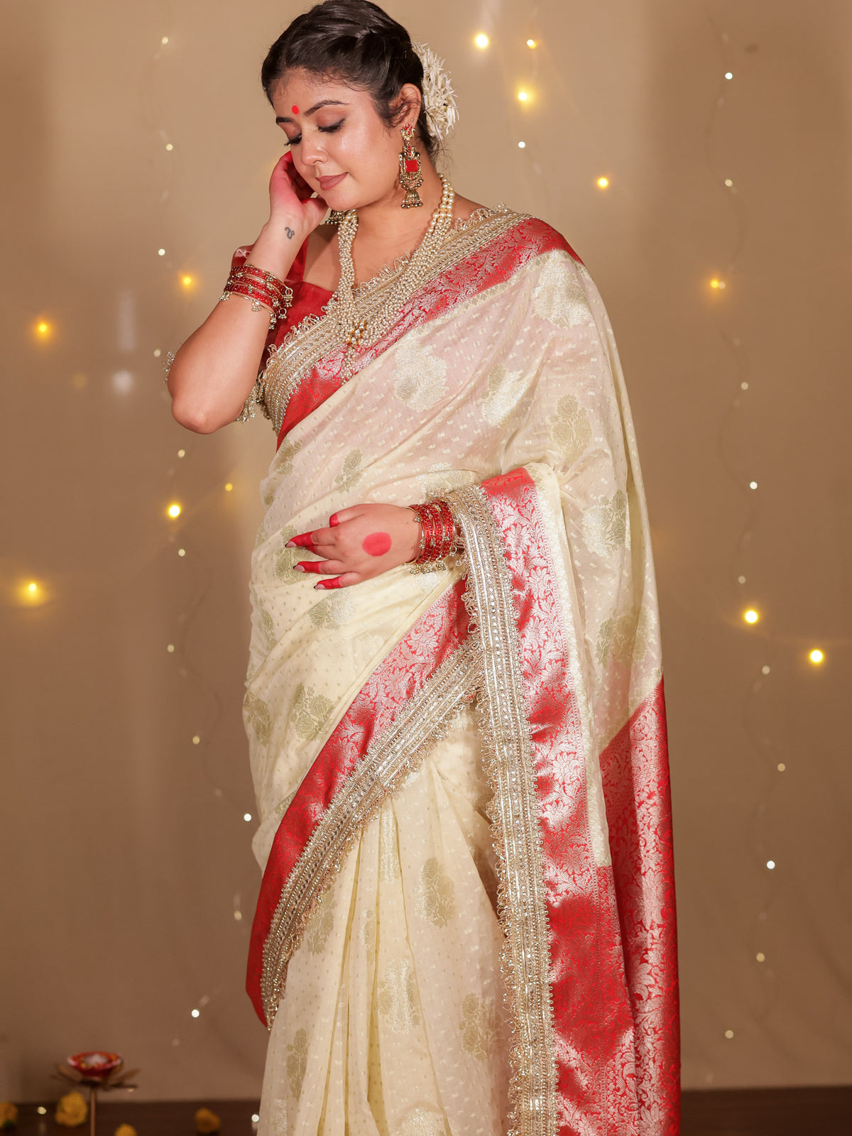 Banarasi Cotton Silk Saree With Lace Border- Off White