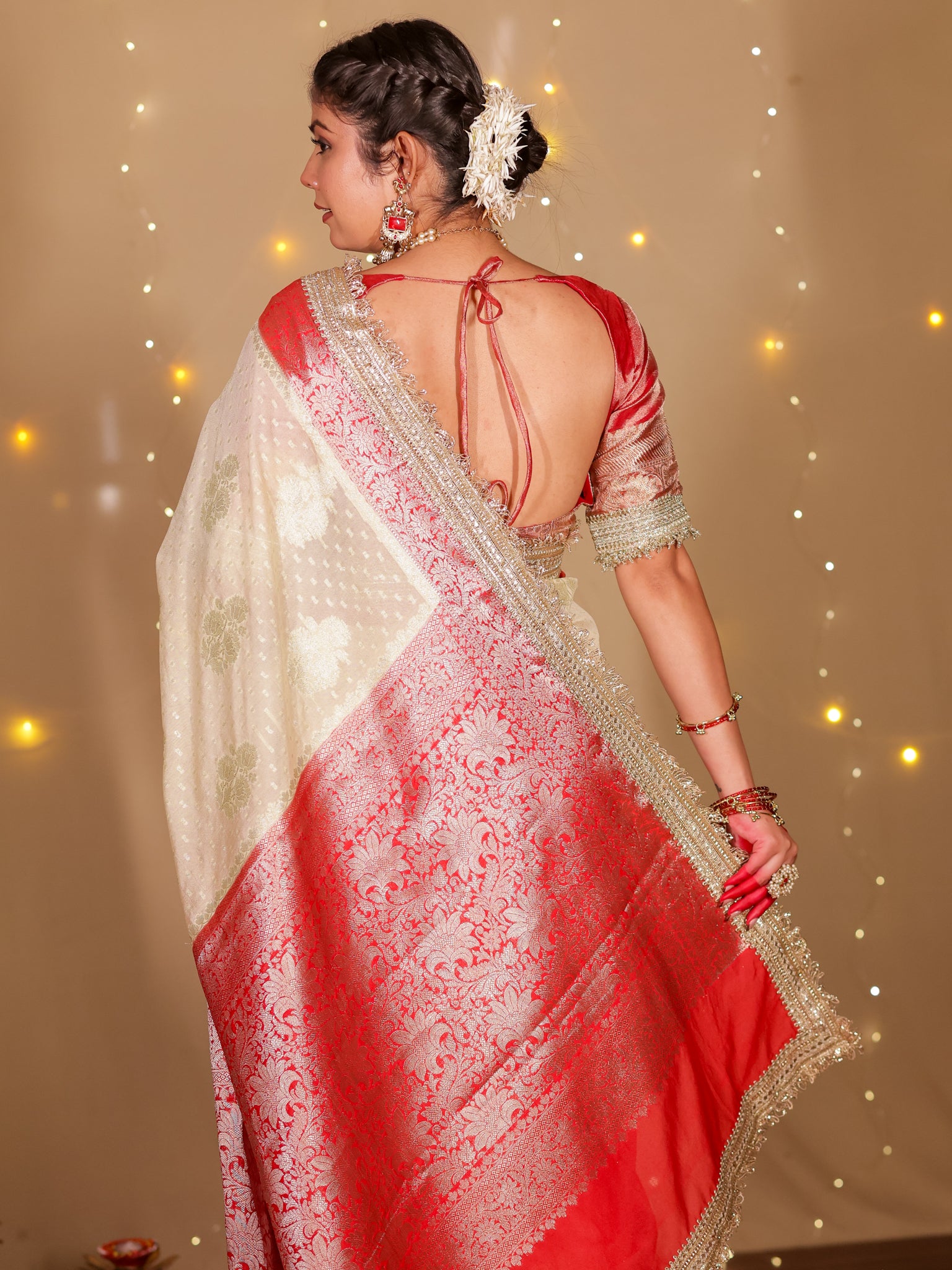 Banarasi Cotton Silk Saree With Lace Border- Off White