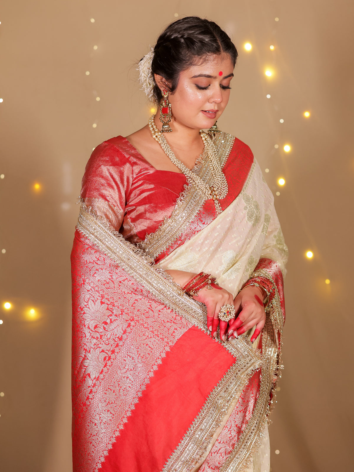 Banarasi Cotton Silk Saree With Lace Border- Off White