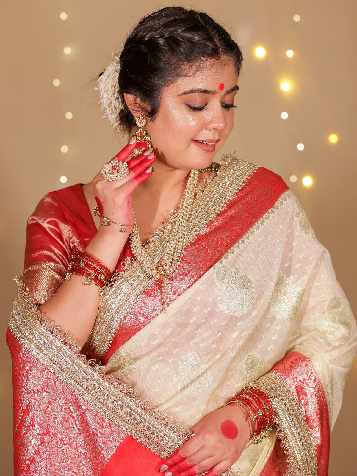 Banarasi Cotton Silk Saree With Lace Border- Off White