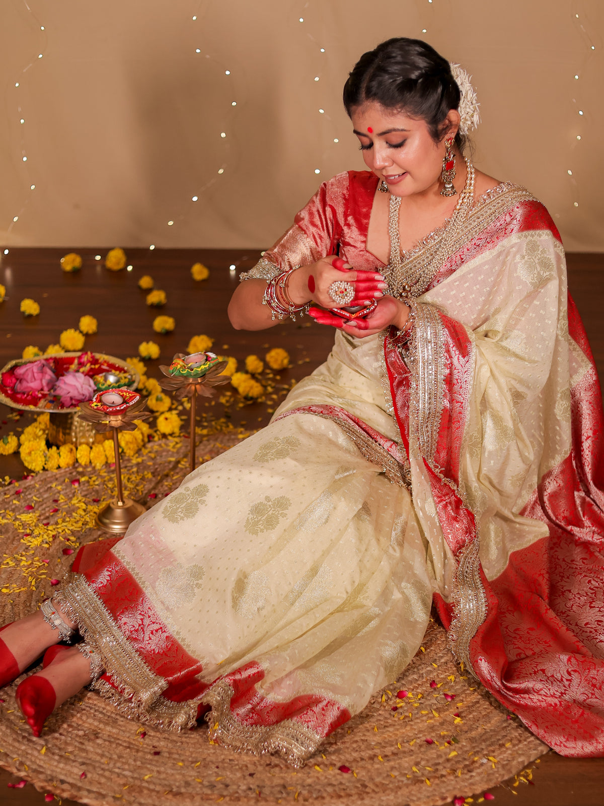 Banarasi Cotton Silk Saree With Lace Border- Off White